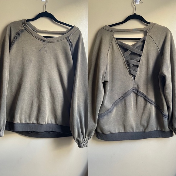 POL Sweaters - POL Grunge distressed green lace up back crew neck synched sleeves oversized M